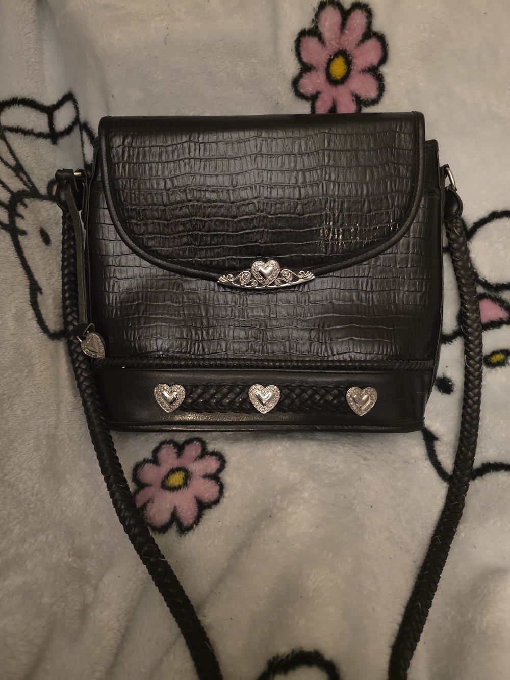 Vintage Brighton Black Leather Bag With Crocodile Pattern + Silver Heart Accen